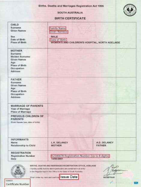 Download South Australia Births and Deaths Registration office birth certificate Photoshop template